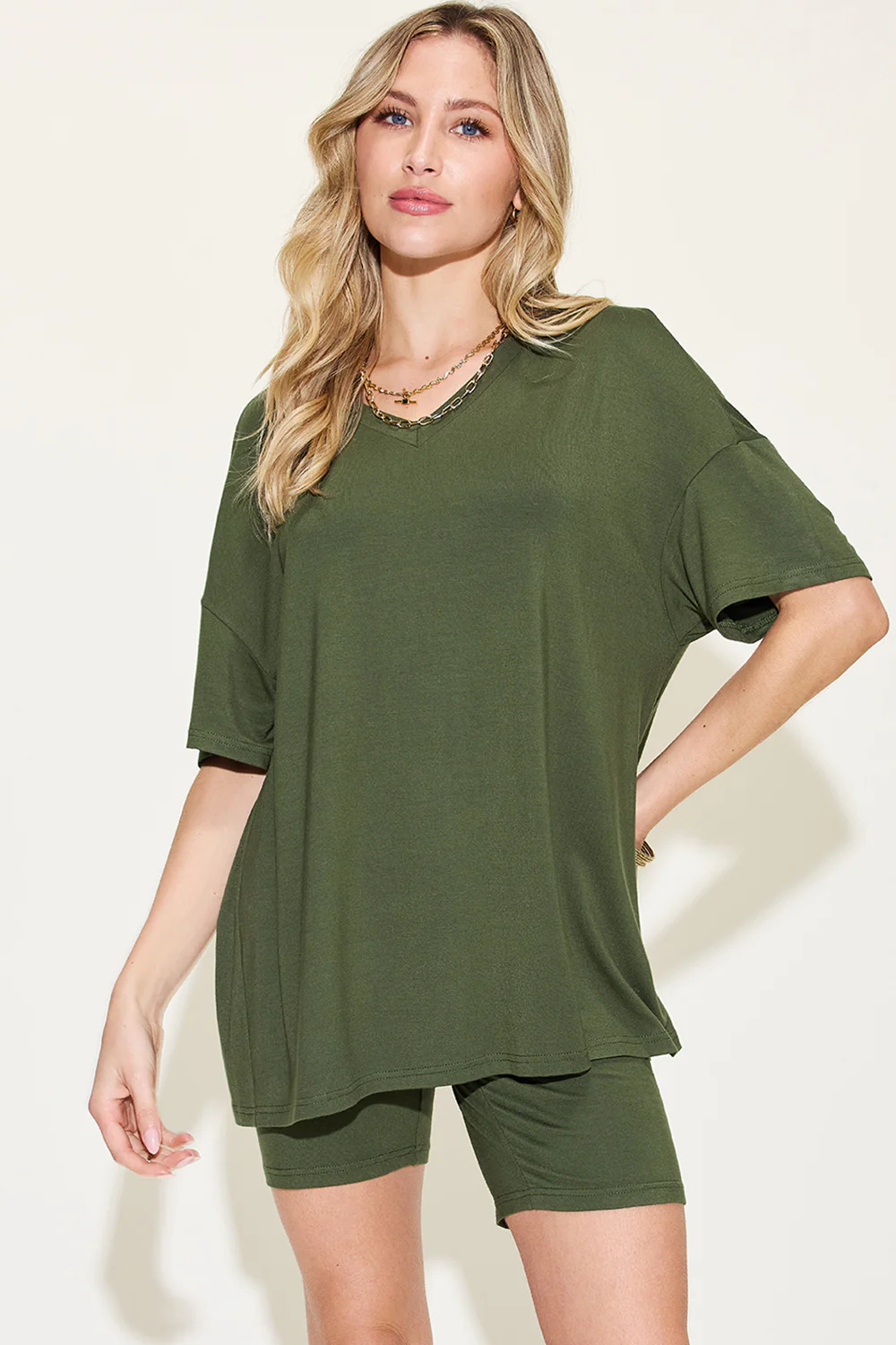 Basic Bae Full Size V-Neck Drop Shoulder T-Shirt and Shorts Set - Image 21