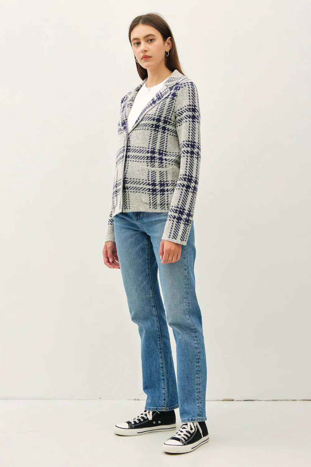 Be Cool Plaid Long Sleeve Sweater Jacket with Front Patch Pockets - Image 3