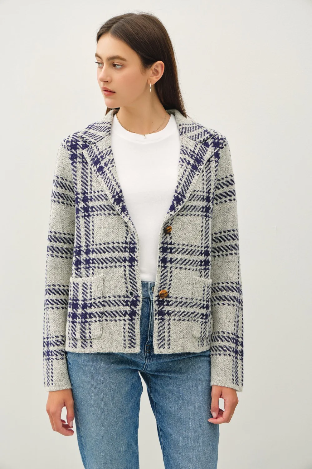 Be Cool Plaid Long Sleeve Sweater Jacket with Front Patch Pockets - Image 4