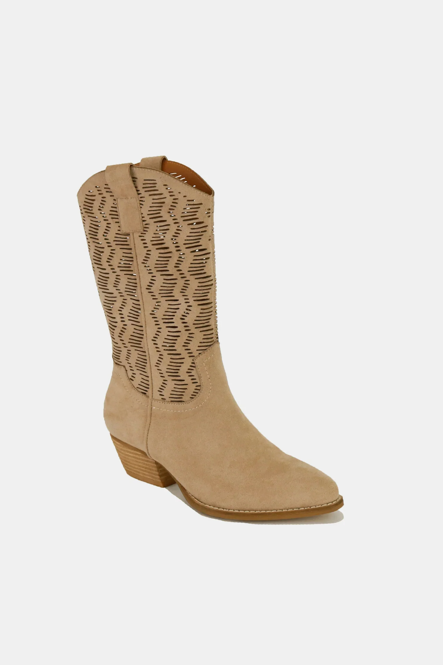 Beast Fashion Faux Suede Laser Cut Detail Block Heel Boots - Image 3