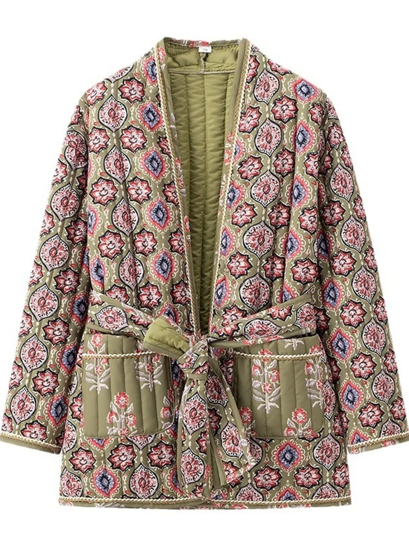 Belted Open Front Floral Winter Coat - Image 6