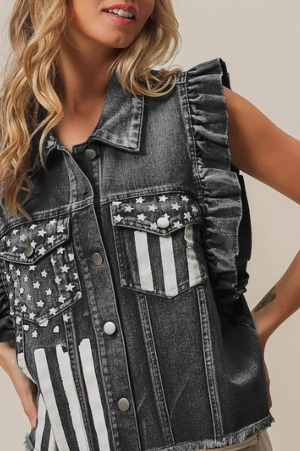 BiBi American Flag Washed Denim Jacket - Image 2