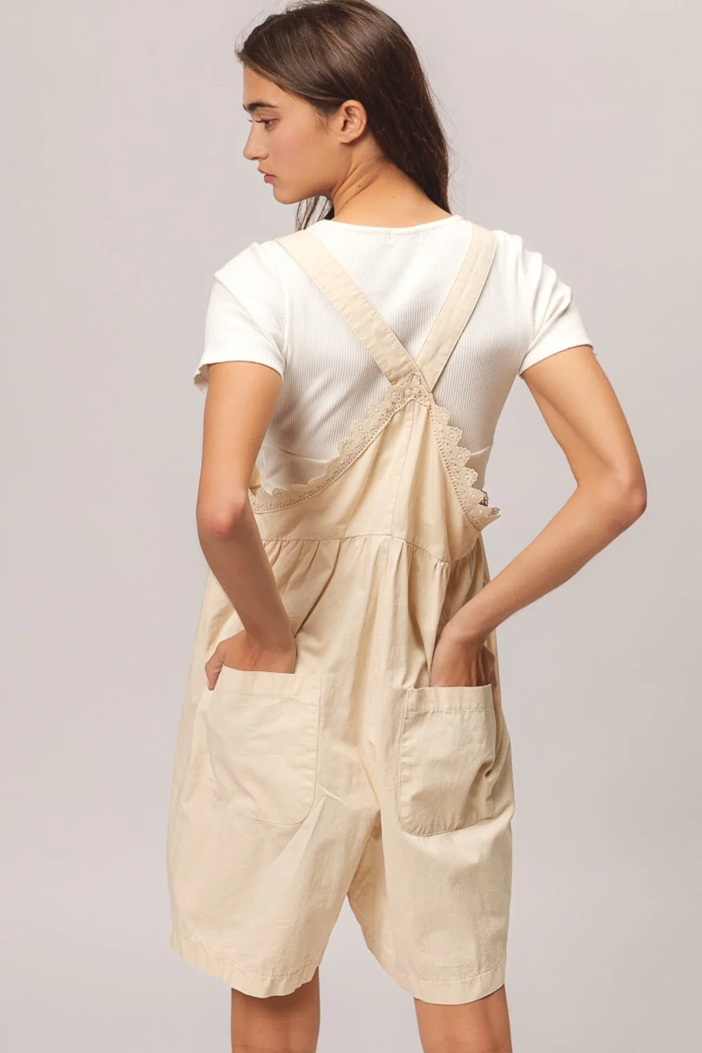 BiBi Back Patch Pocket Lace Trim Rompers - Image 2