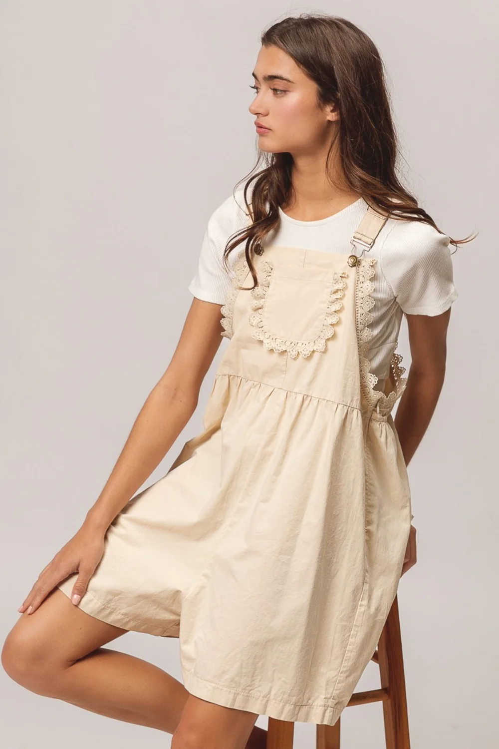 BiBi Back Patch Pocket Lace Trim Rompers - Image 3