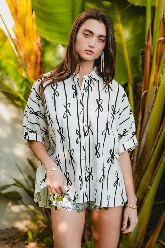 BiBi Bow Ribbon Woven Printed Button Down Shirt - Image 2