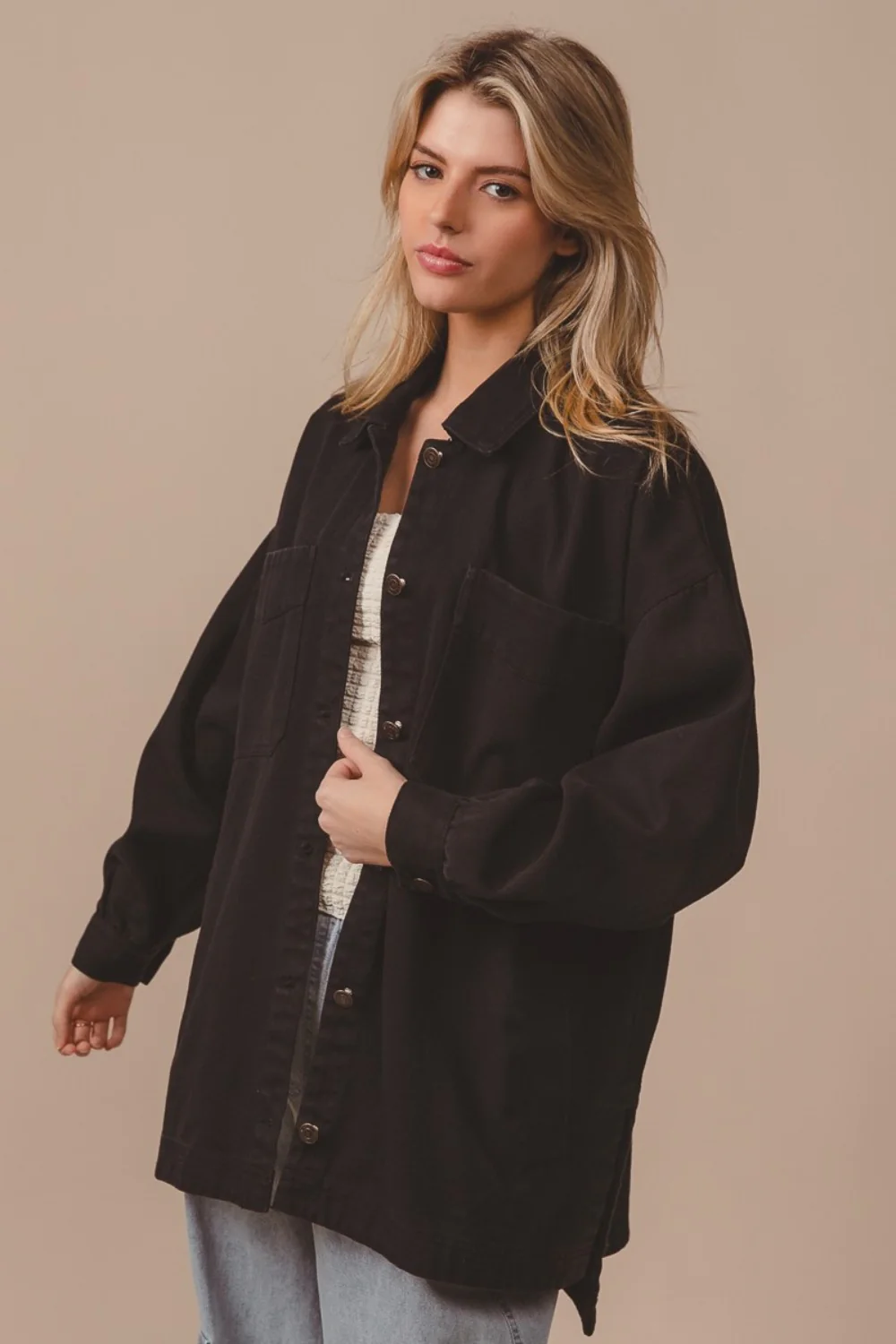 BiBi Button Up Washed Jacket with Pockets - Image 3