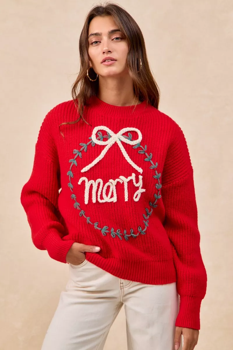 BiBi Christmas Wreath Merry Letter Knit Top - Image 2