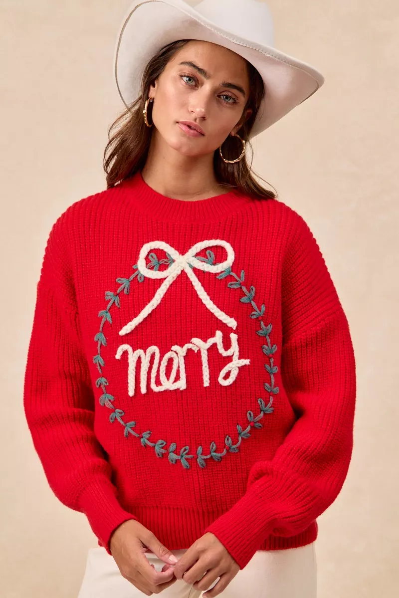 BiBi Christmas Wreath Merry Letter Knit Top - Image 3