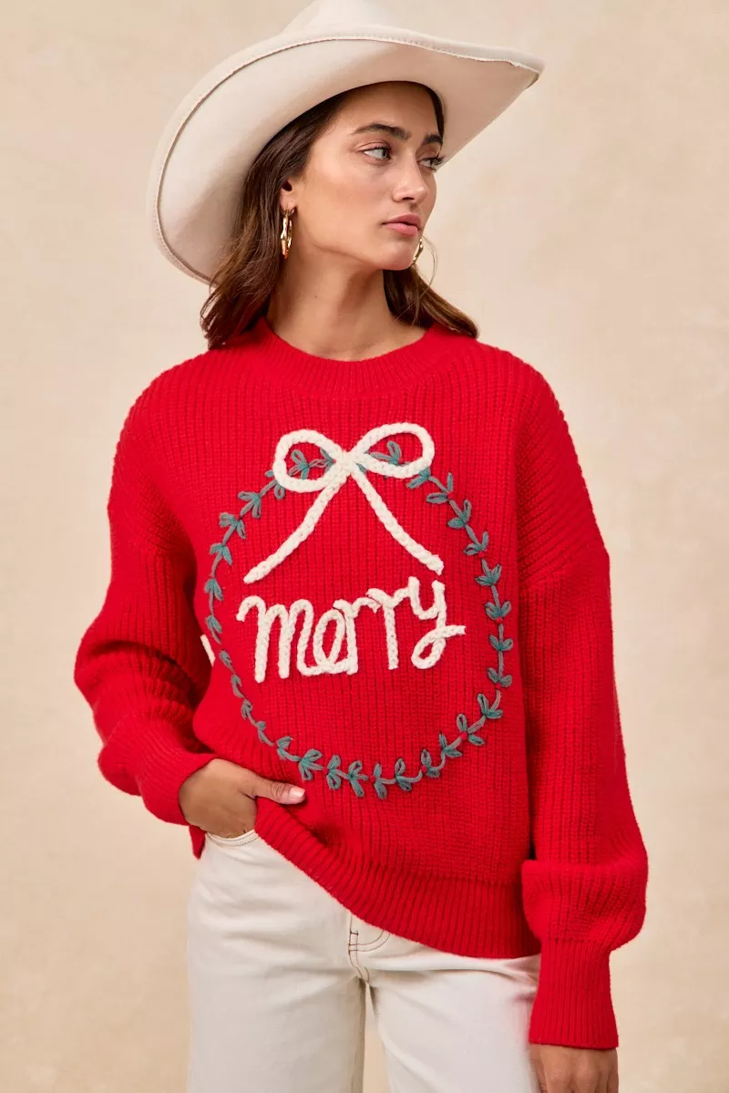 BiBi Christmas Wreath Merry Letter Knit Top - Image 7