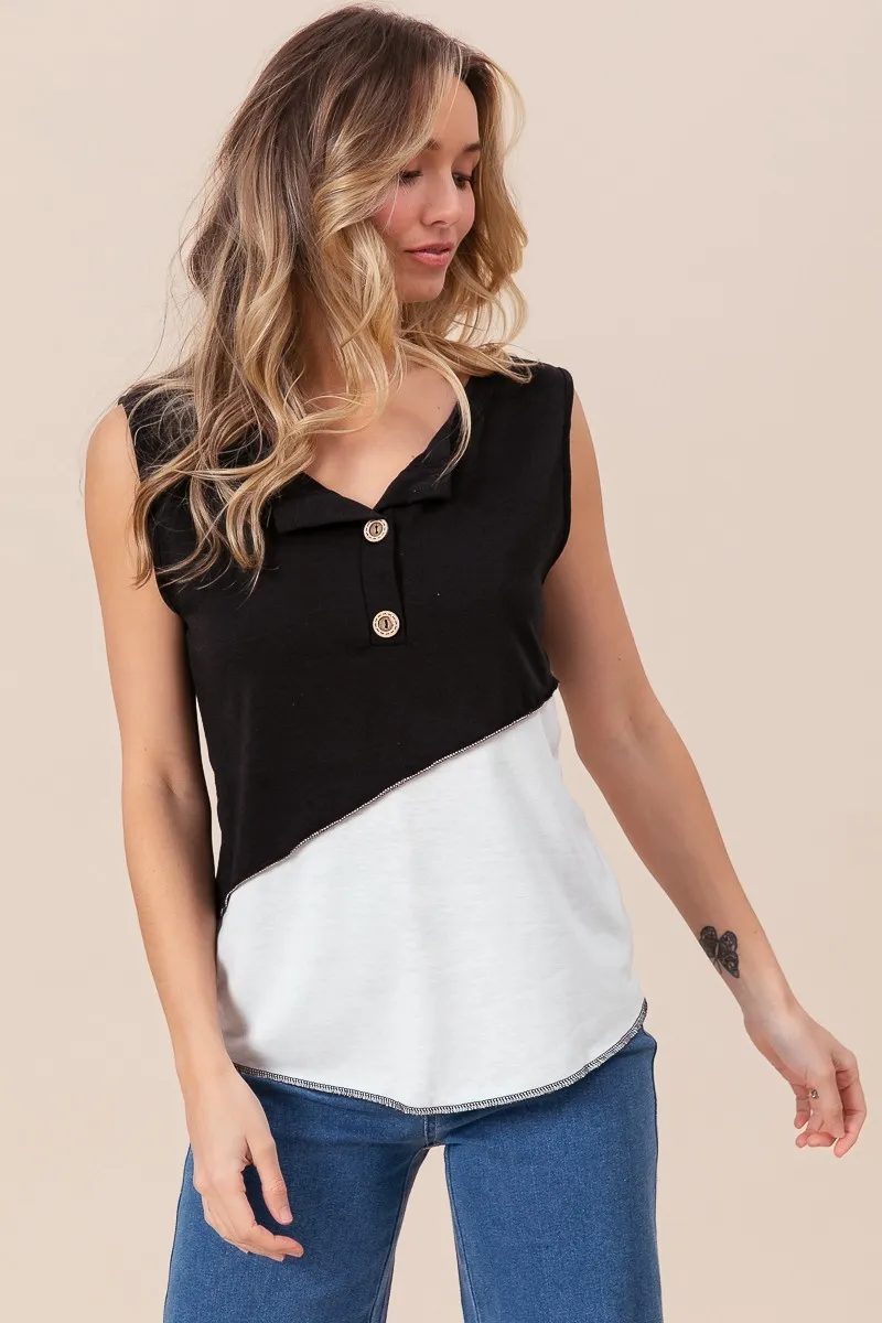 BiBi Color Block Contrast Stitching Buttoned Henley Top - Image 12