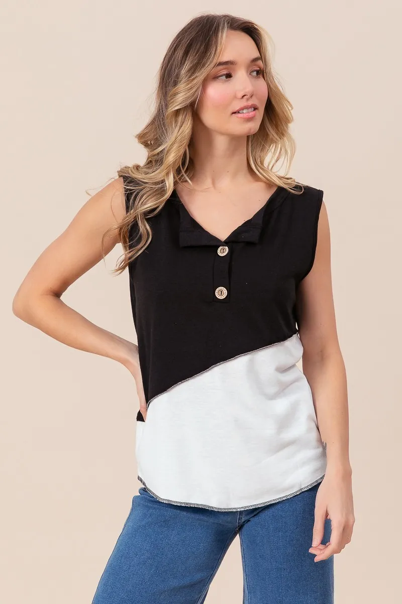 BiBi Color Block Contrast Stitching Buttoned Henley Top - Image 14