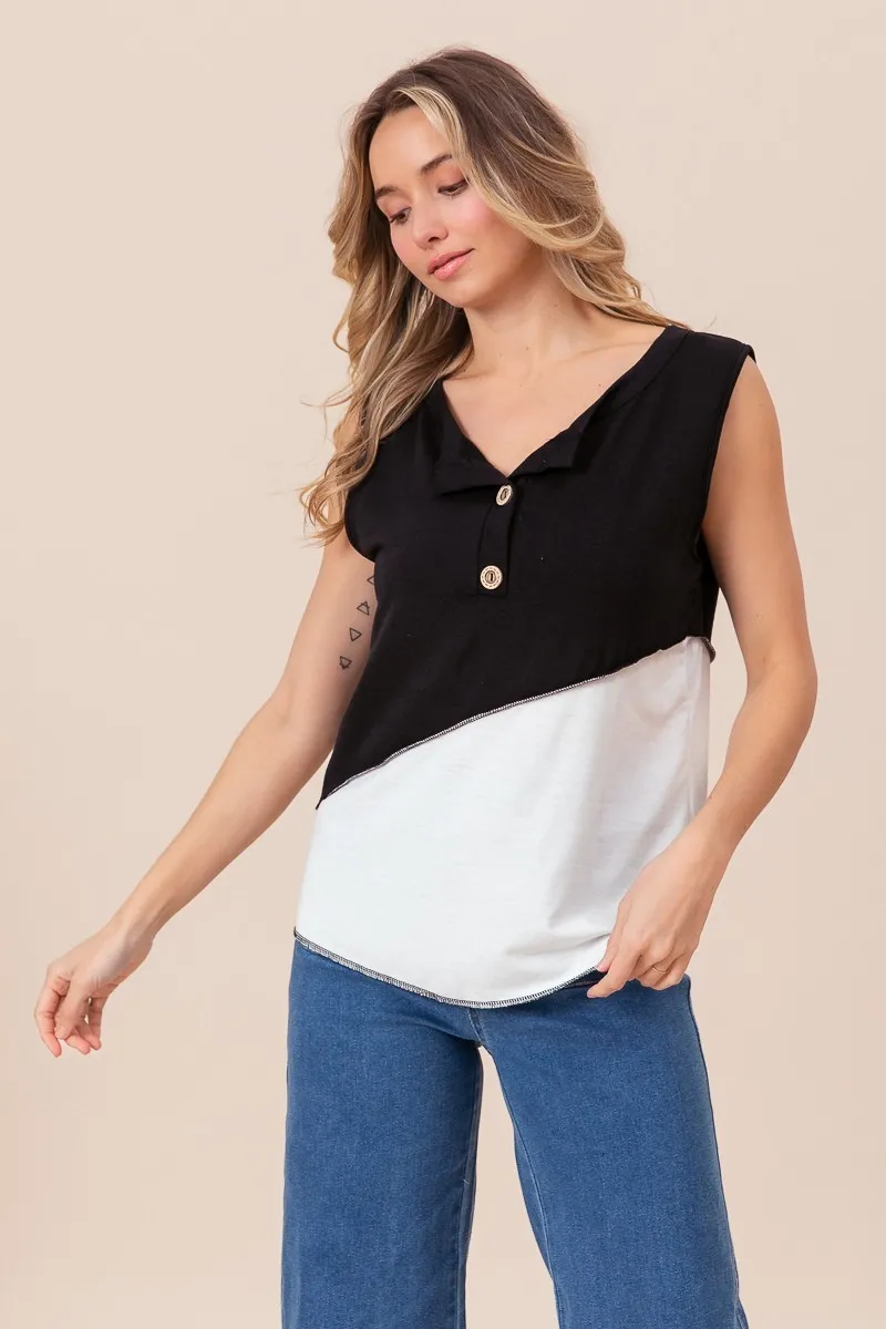 BiBi Color Block Contrast Stitching Buttoned Henley Top - Image 4