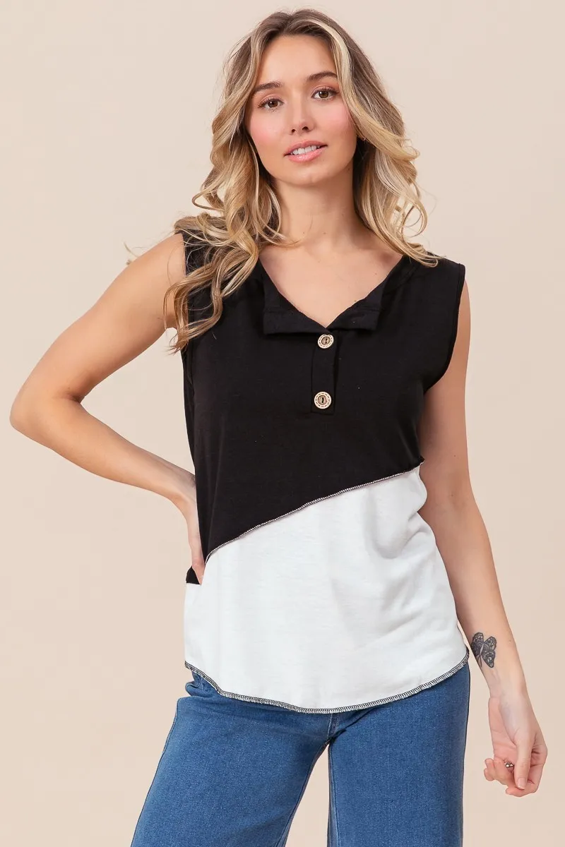 BiBi Color Block Contrast Stitching Buttoned Henley Top - Image 5