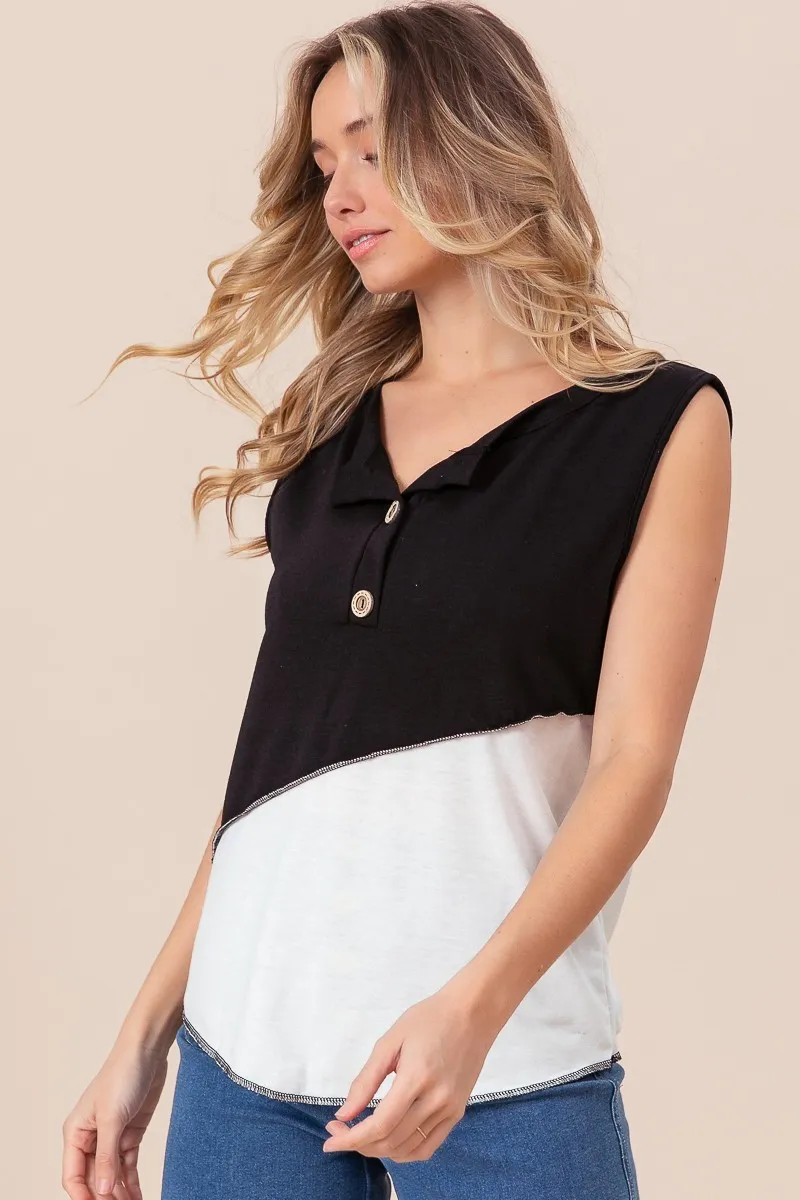 BiBi Color Block Contrast Stitching Buttoned Henley Top - Image 6