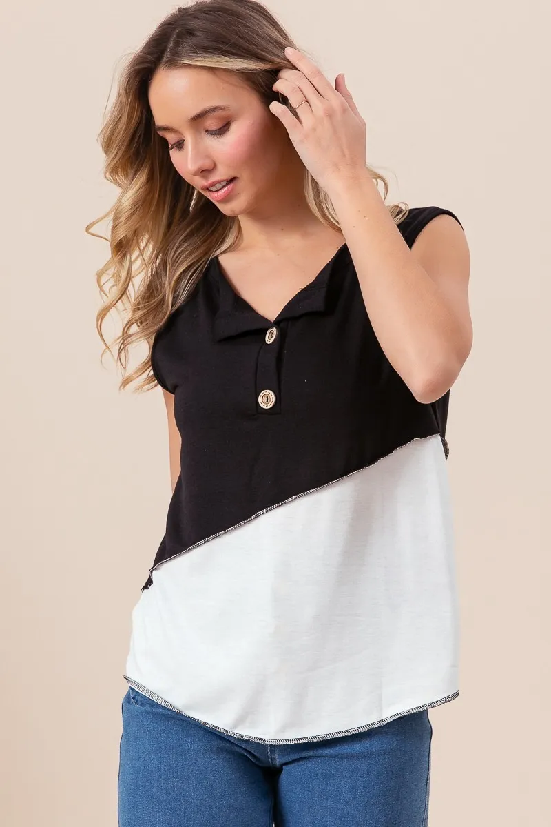 BiBi Color Block Contrast Stitching Buttoned Henley Top - Image 7