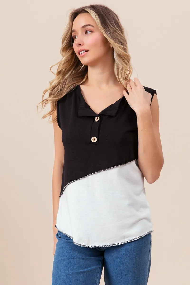 BiBi Color Block Contrast Stitching Buttoned Henley Top - Image 9