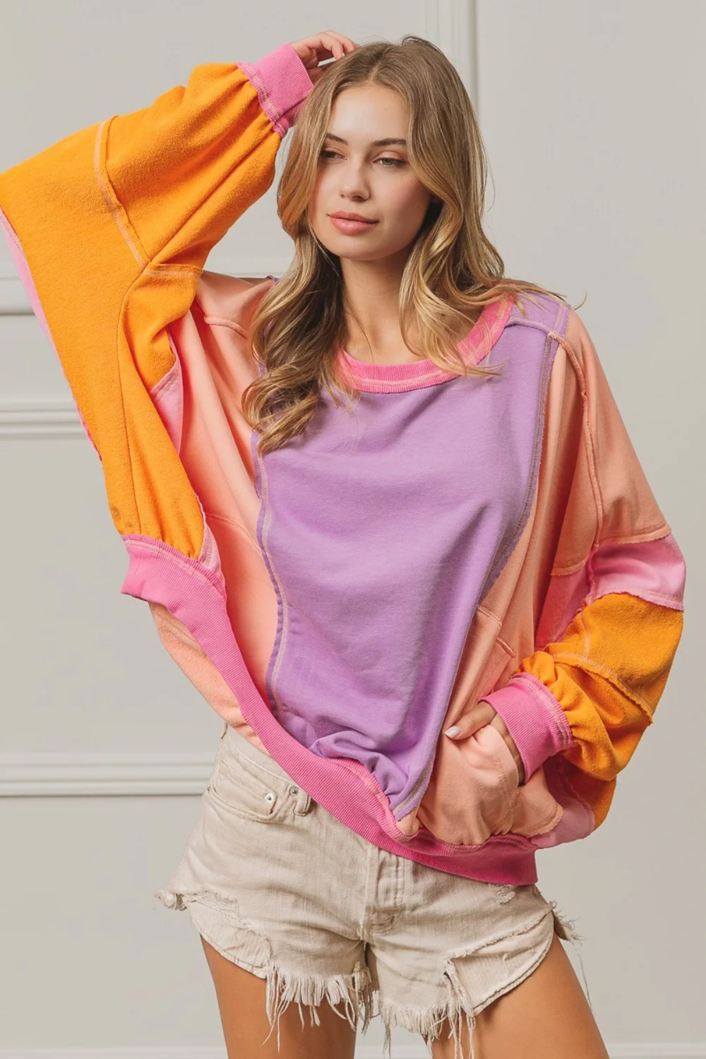 BiBi Color Block Exposed Seam Sweatshirt with Pockets - Image 2