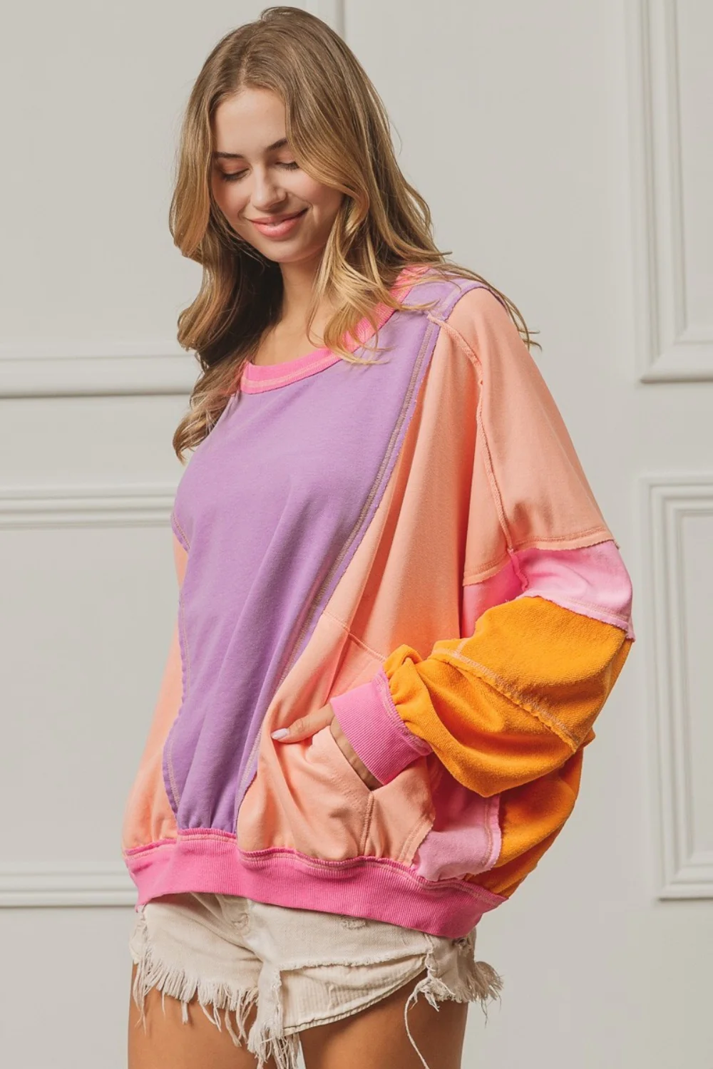 BiBi Color Block Exposed Seam Sweatshirt with Pockets - Image 3