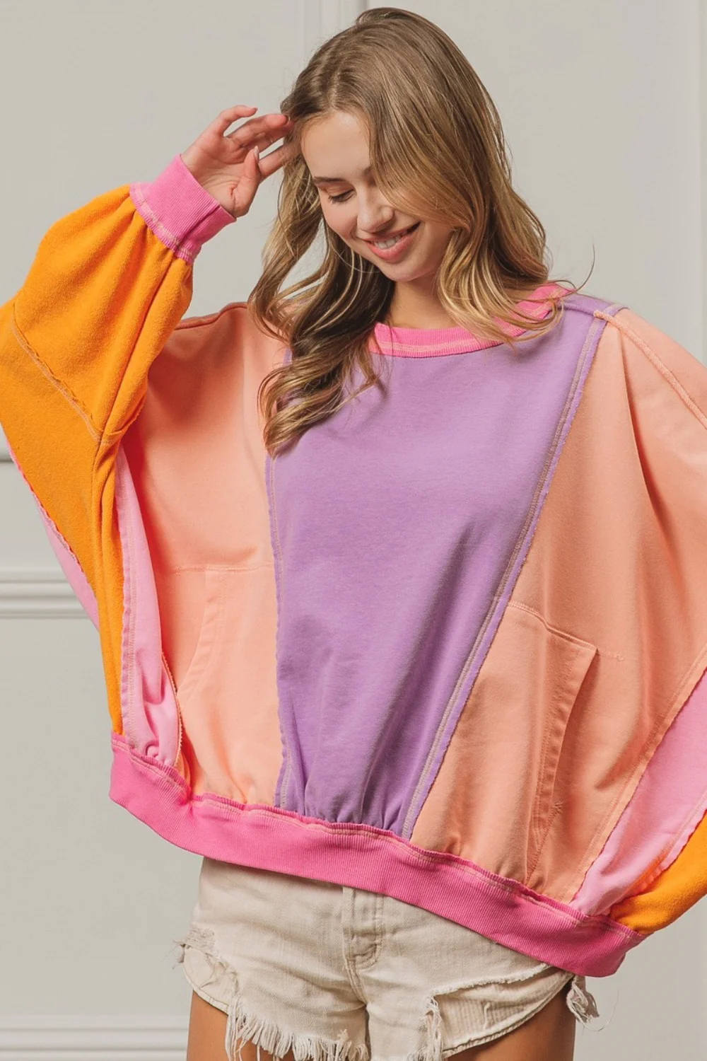 BiBi Color Block Exposed Seam Sweatshirt with Pockets - Image 4