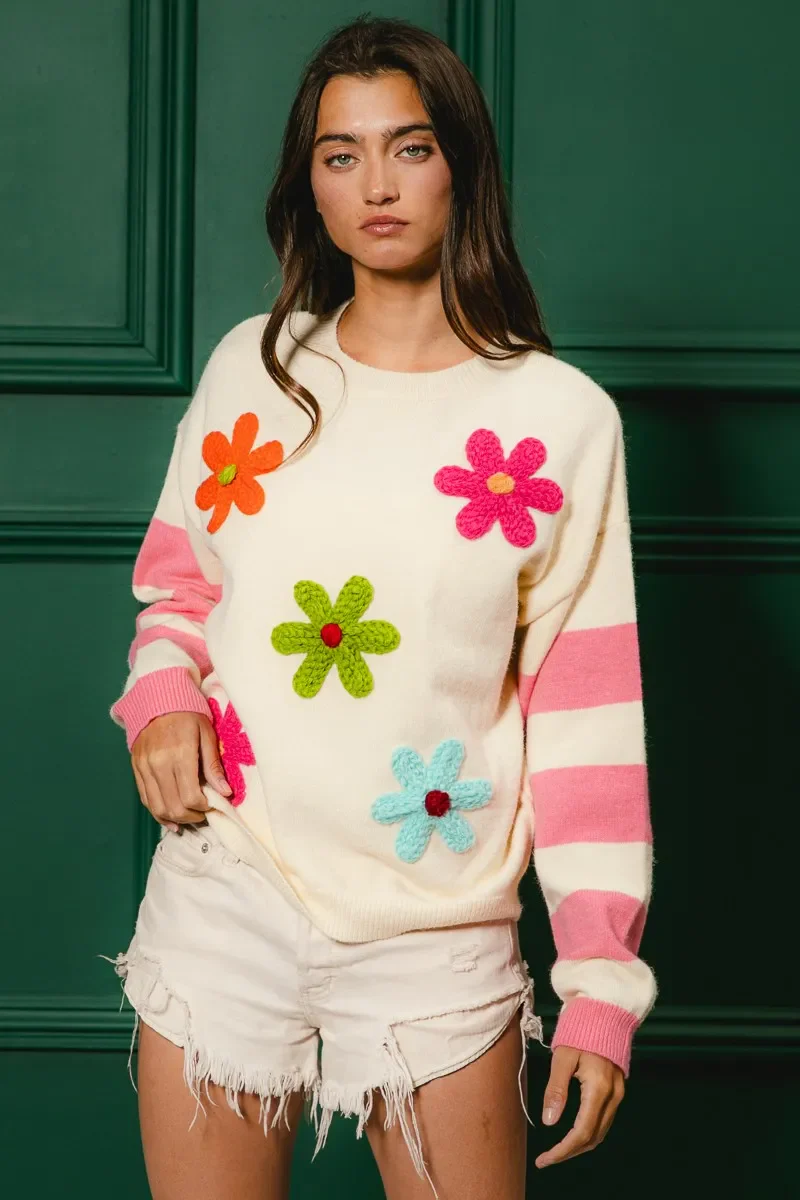 BiBi Colorful Floral Patched Sweater with Striped Sleeve - Image 10