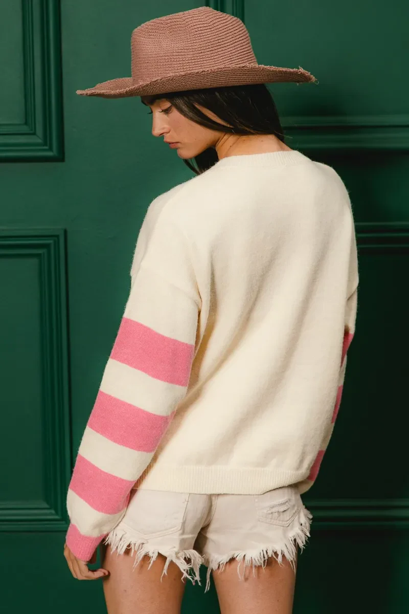 BiBi Colorful Floral Patched Sweater with Striped Sleeve - Image 11