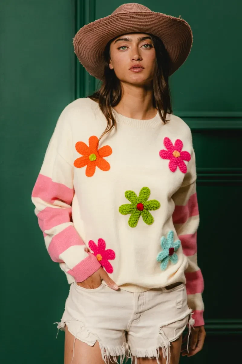 BiBi Colorful Floral Patched Sweater with Striped Sleeve - Image 12