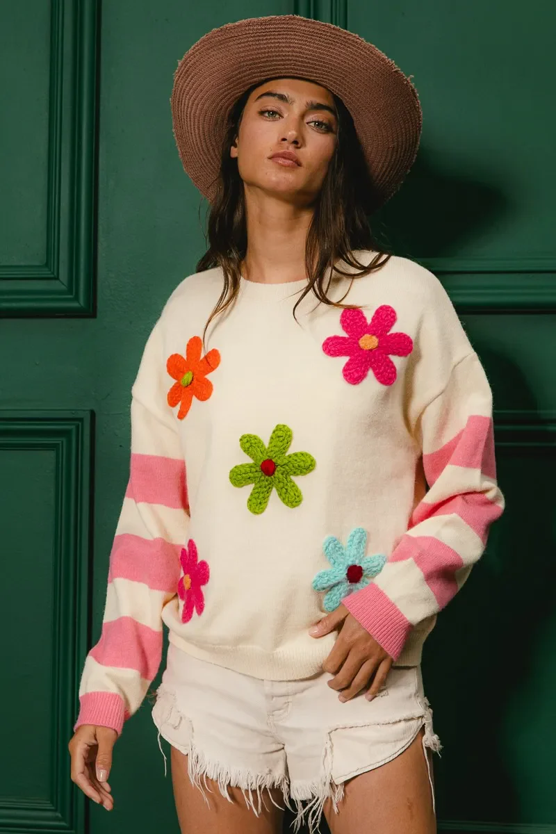 BiBi Colorful Floral Patched Sweater with Striped Sleeve - Image 13