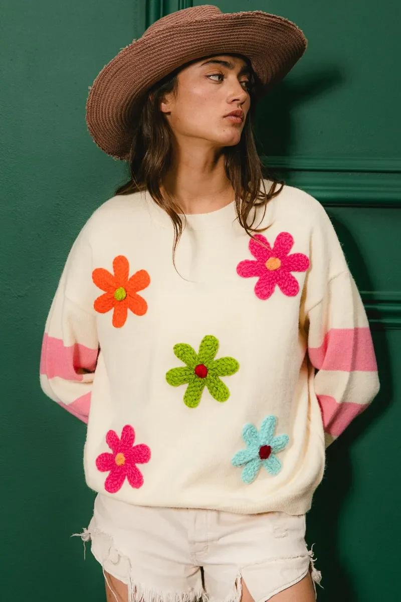 BiBi Colorful Floral Patched Sweater with Striped Sleeve - Image 2