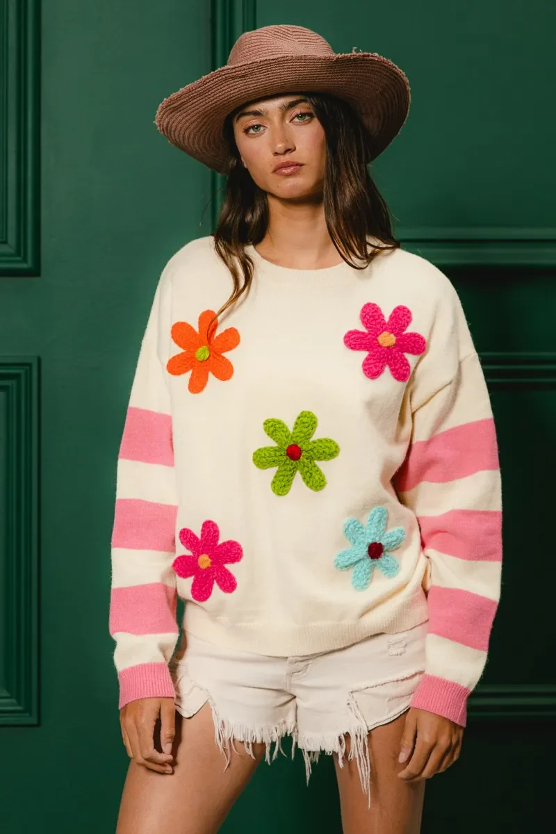 BiBi Colorful Floral Patched Sweater with Striped Sleeve - Image 3