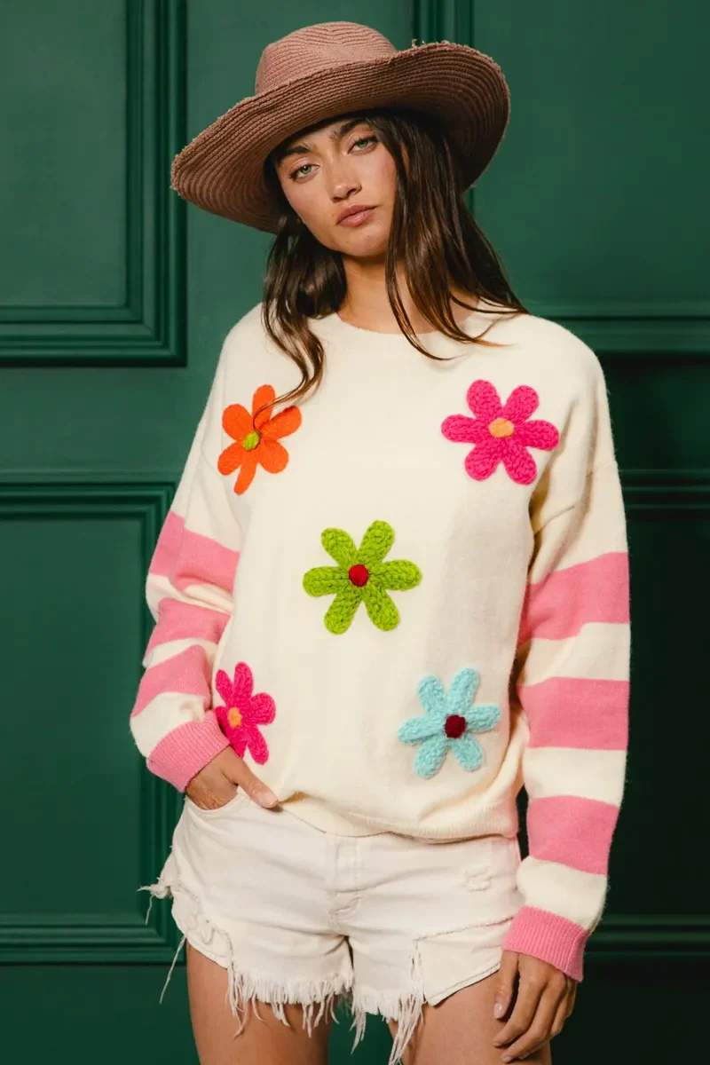BiBi Colorful Floral Patched Sweater with Striped Sleeve - Image 4