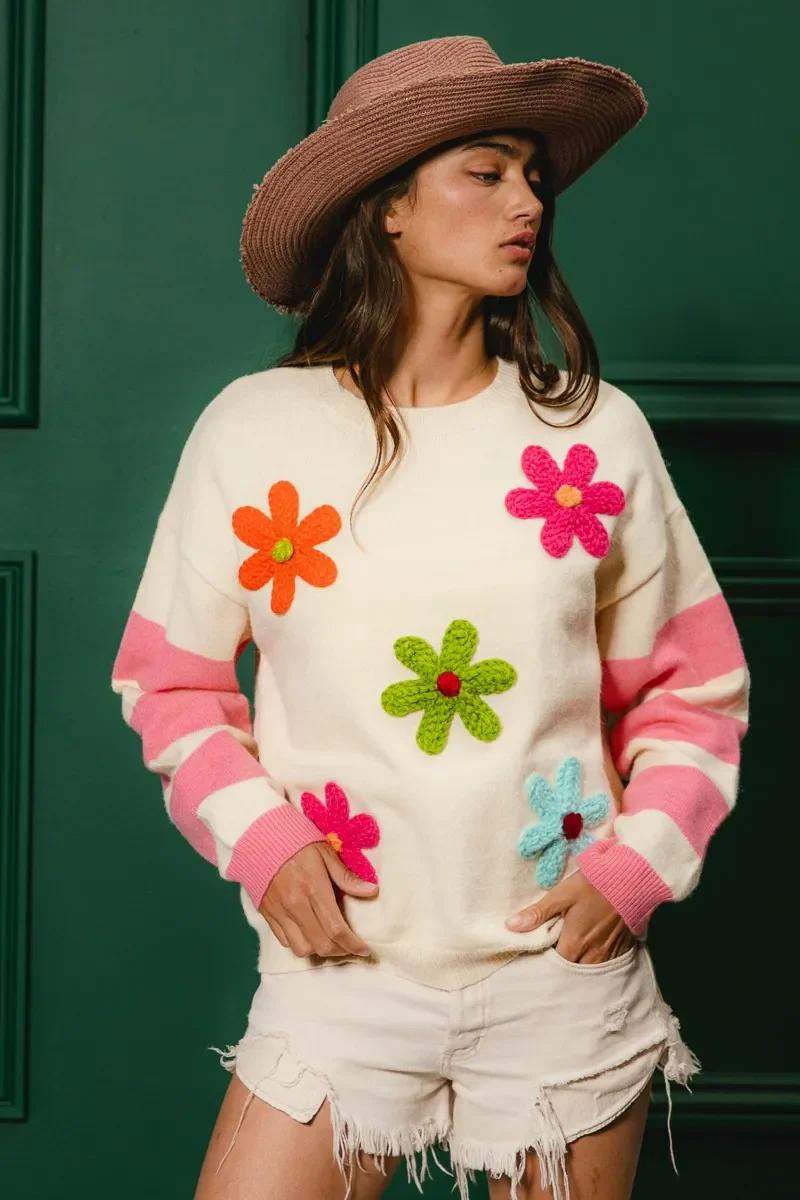 BiBi Colorful Floral Patched Sweater with Striped Sleeve - Image 5