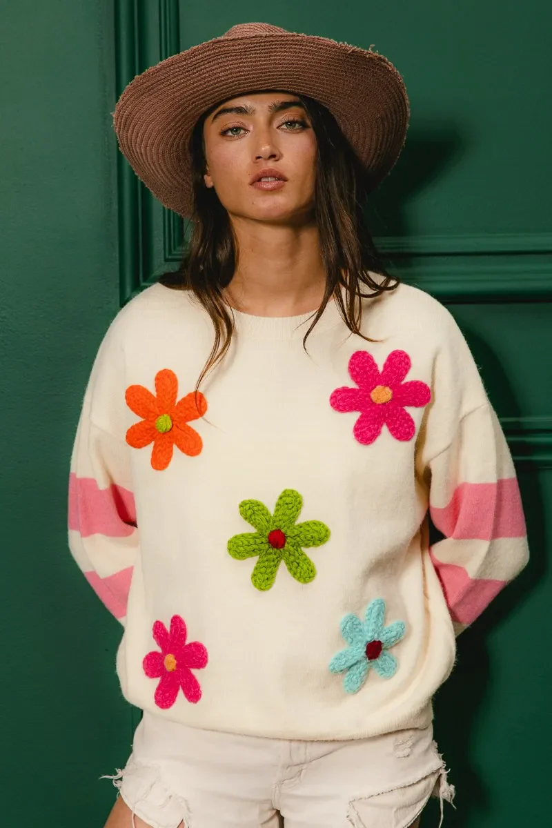 BiBi Colorful Floral Patched Sweater with Striped Sleeve - Image 6