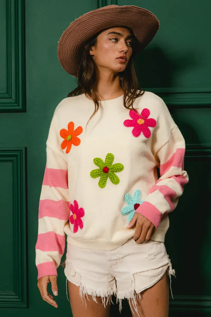 BiBi Colorful Floral Patched Sweater with Striped Sleeve - Image 7