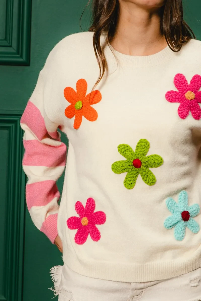 BiBi Colorful Floral Patched Sweater with Striped Sleeve - Image 8