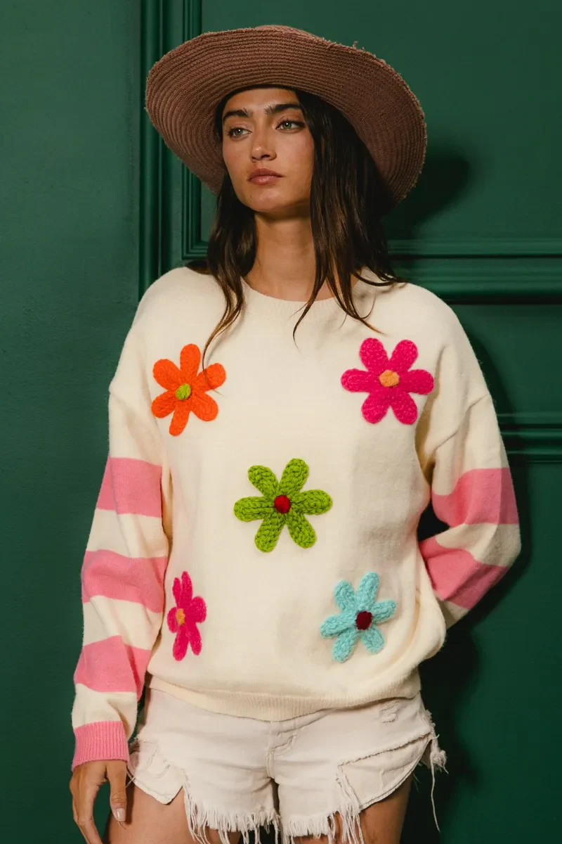 BiBi Colorful Floral Patched Sweater with Striped Sleeve - Image 9