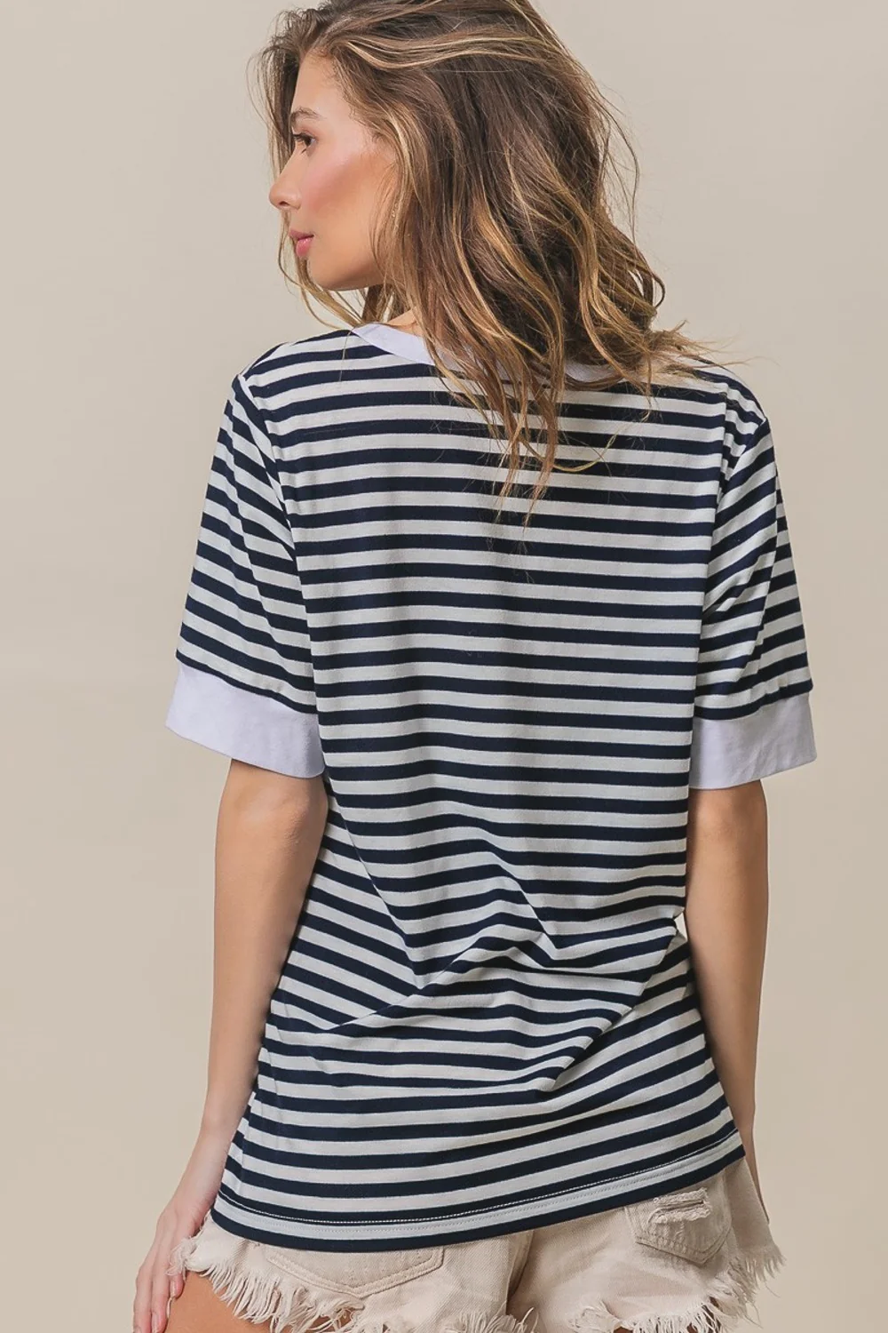 BiBi Contrast Striped Notched Knit Top - Image 2