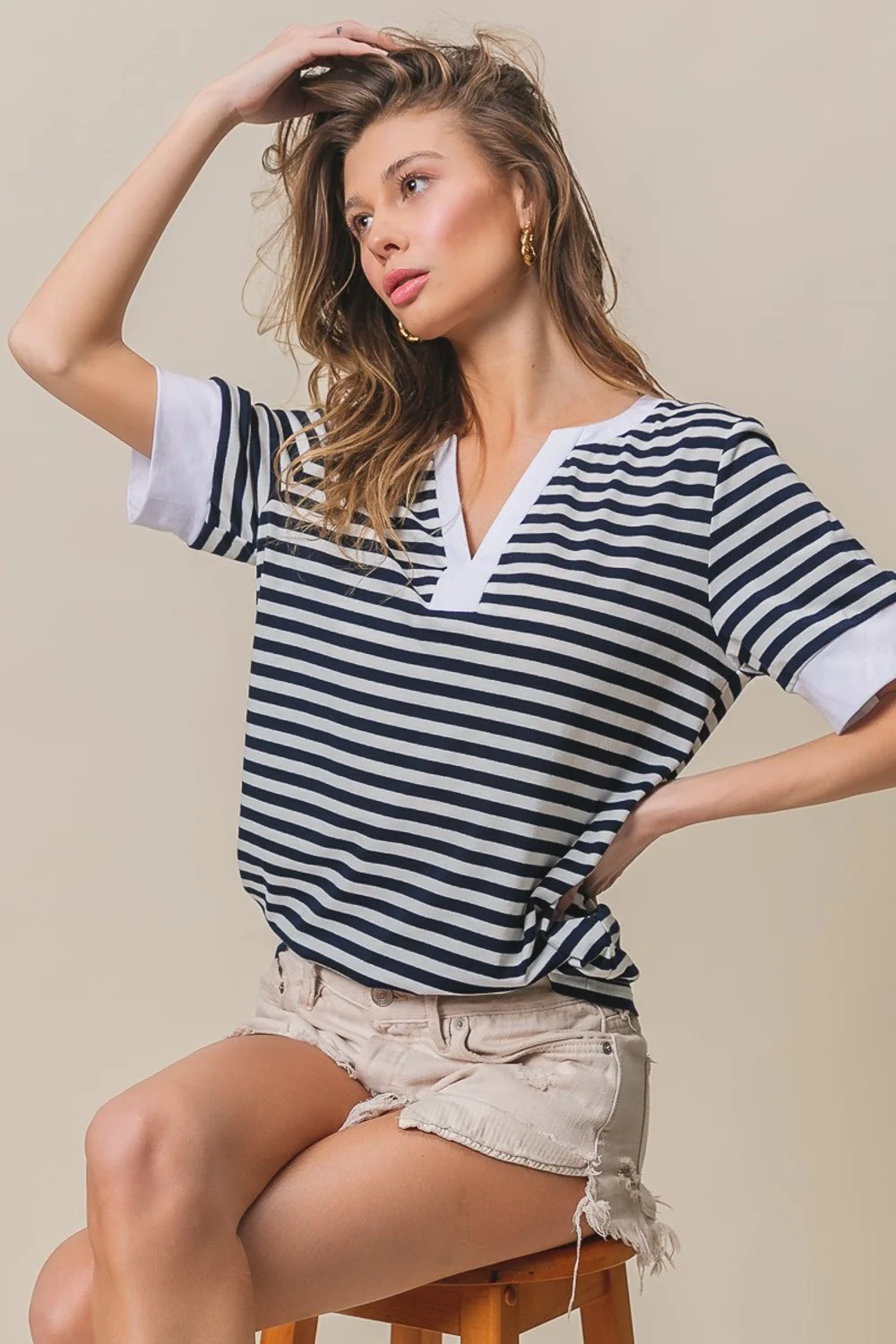 BiBi Contrast Striped Notched Knit Top - Image 3