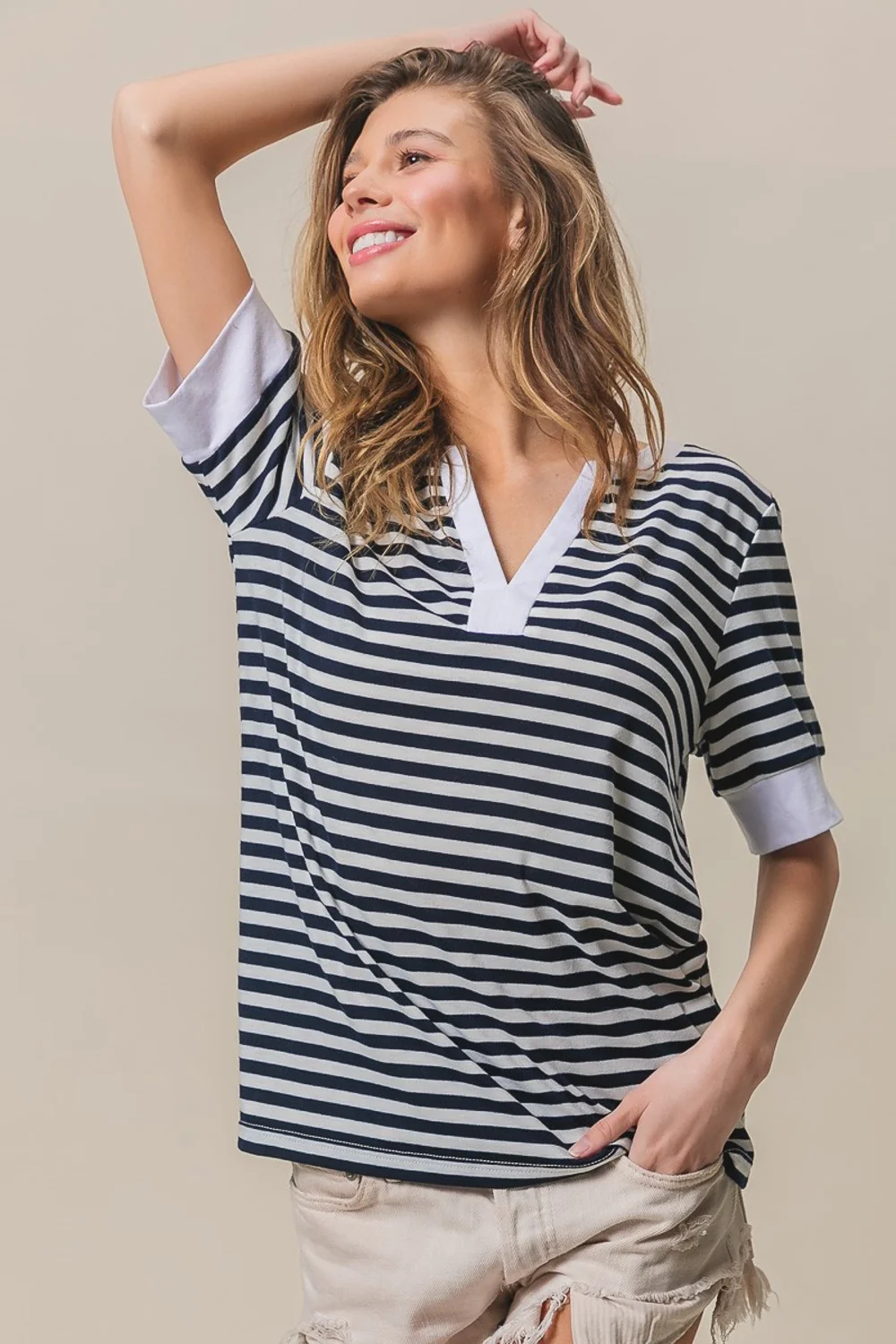 BiBi Contrast Striped Notched Knit Top - Image 4