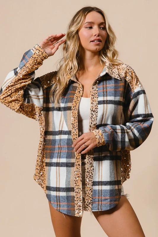 BiBi Curved Hem Sequin Plaid Button Up Jacket