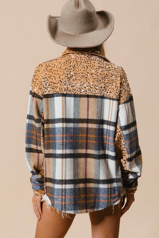 BiBi Curved Hem Sequin Plaid Button Up Jacket - Image 2