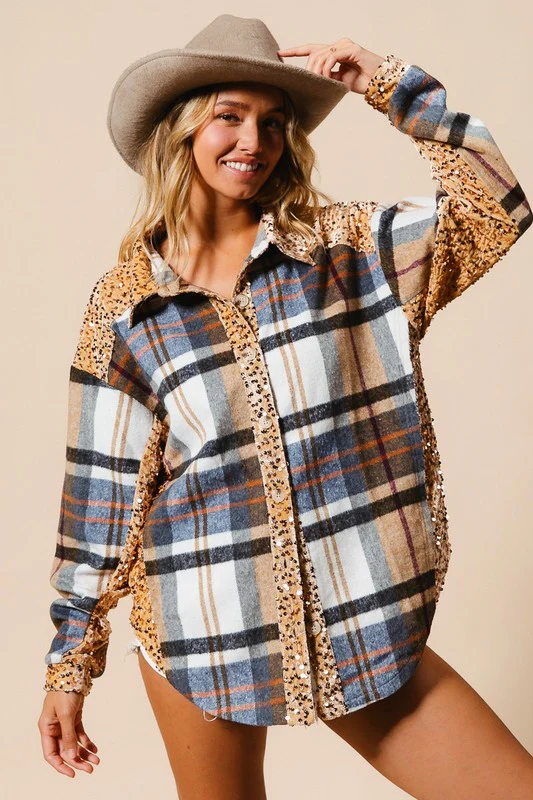 BiBi Curved Hem Sequin Plaid Button Up Jacket - Image 4