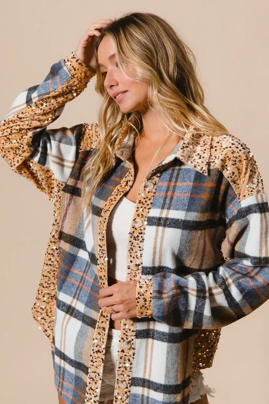 BiBi Curved Hem Sequin Plaid Button Up Jacket - Image 5