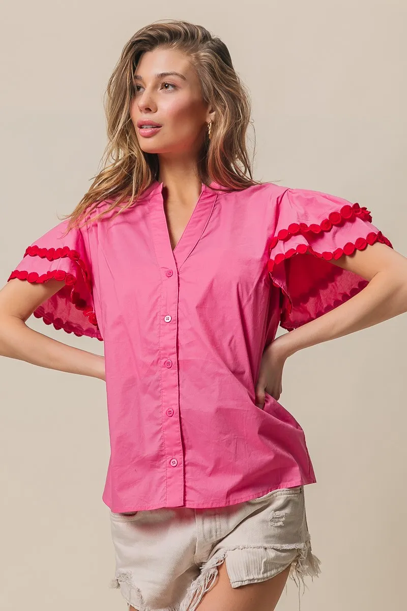 BiBi Dot Trim Flutter Sleeve Notched Top - Image 11