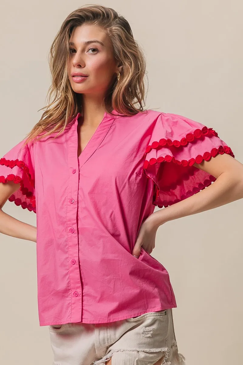BiBi Dot Trim Flutter Sleeve Notched Top - Image 12