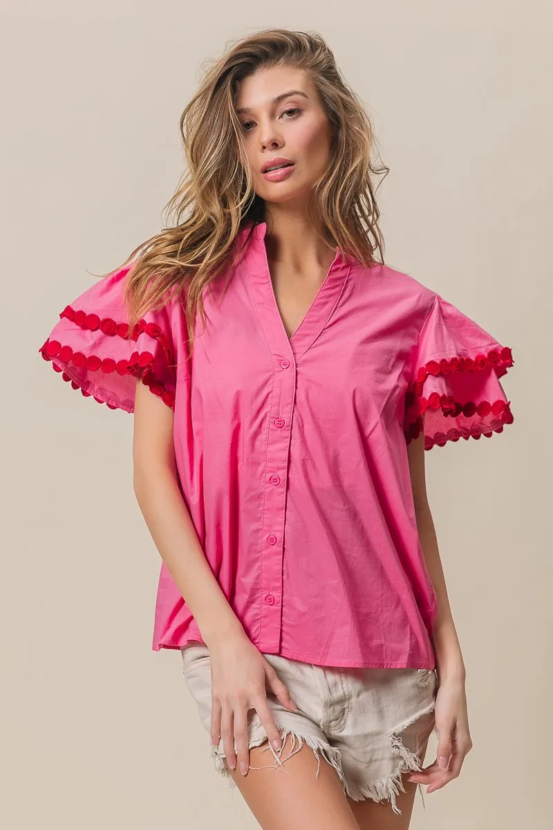 BiBi Dot Trim Flutter Sleeve Notched Top - Image 13