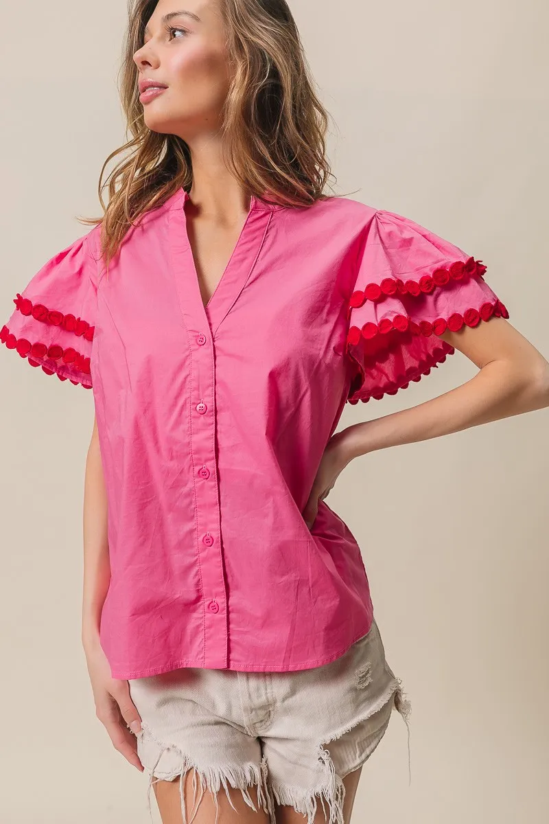 BiBi Dot Trim Flutter Sleeve Notched Top - Image 14