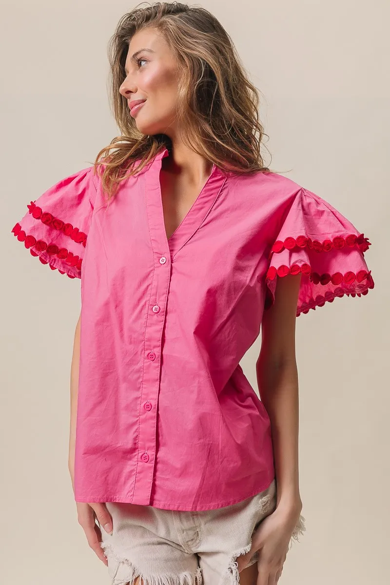 BiBi Dot Trim Flutter Sleeve Notched Top - Image 15