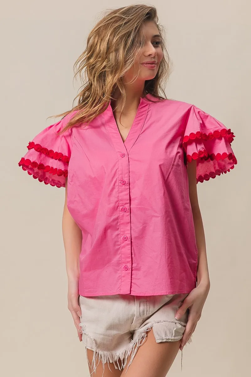 BiBi Dot Trim Flutter Sleeve Notched Top - Image 16