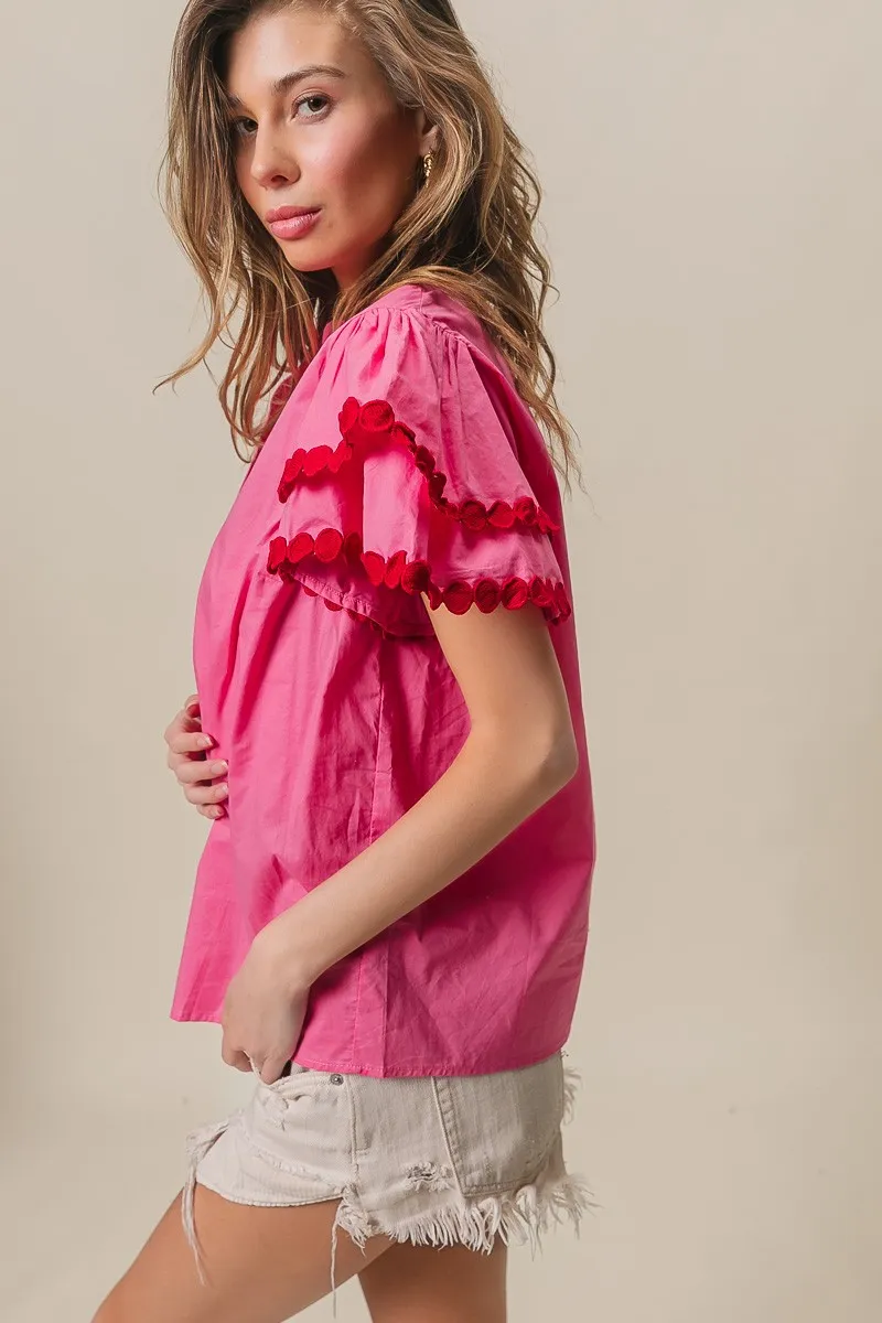 BiBi Dot Trim Flutter Sleeve Notched Top - Image 17