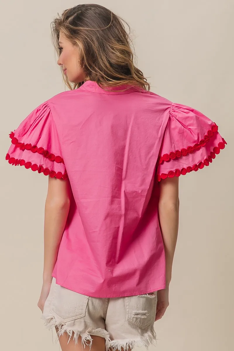 BiBi Dot Trim Flutter Sleeve Notched Top - Image 19